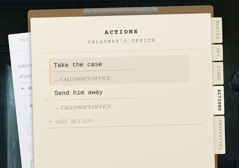 The staging clipboard for the same scene, listing its two choices and where each one leads.